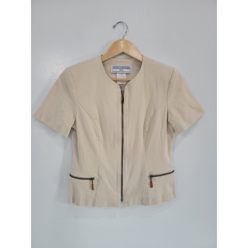 Jessica Howard Tan Short Sleeve Tortoise Shell Brass Zip Front Jacket 8P Blazer